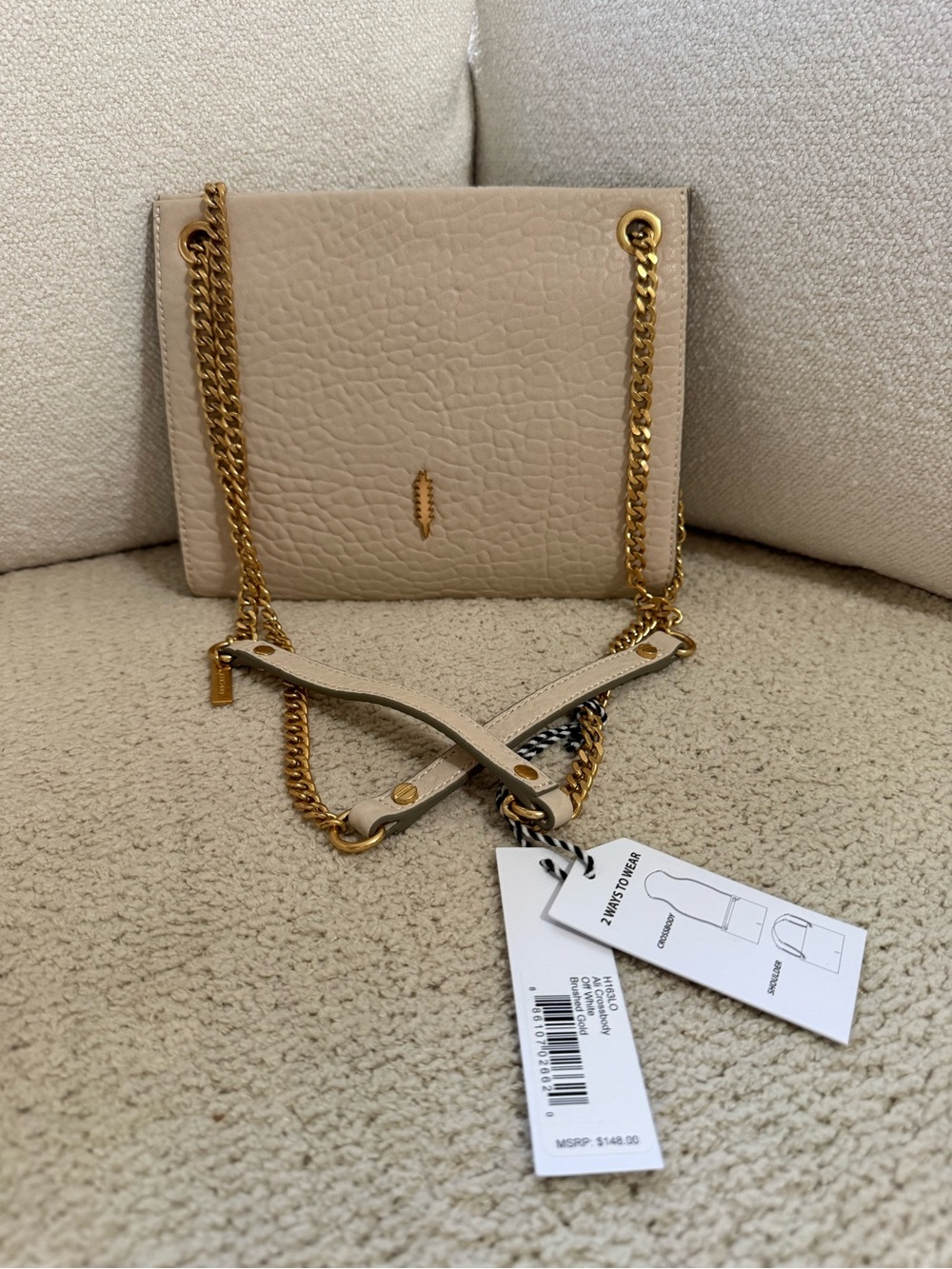 Thacker Neutral Beige Leather Chain Crossbody Bag with Gold Hardware